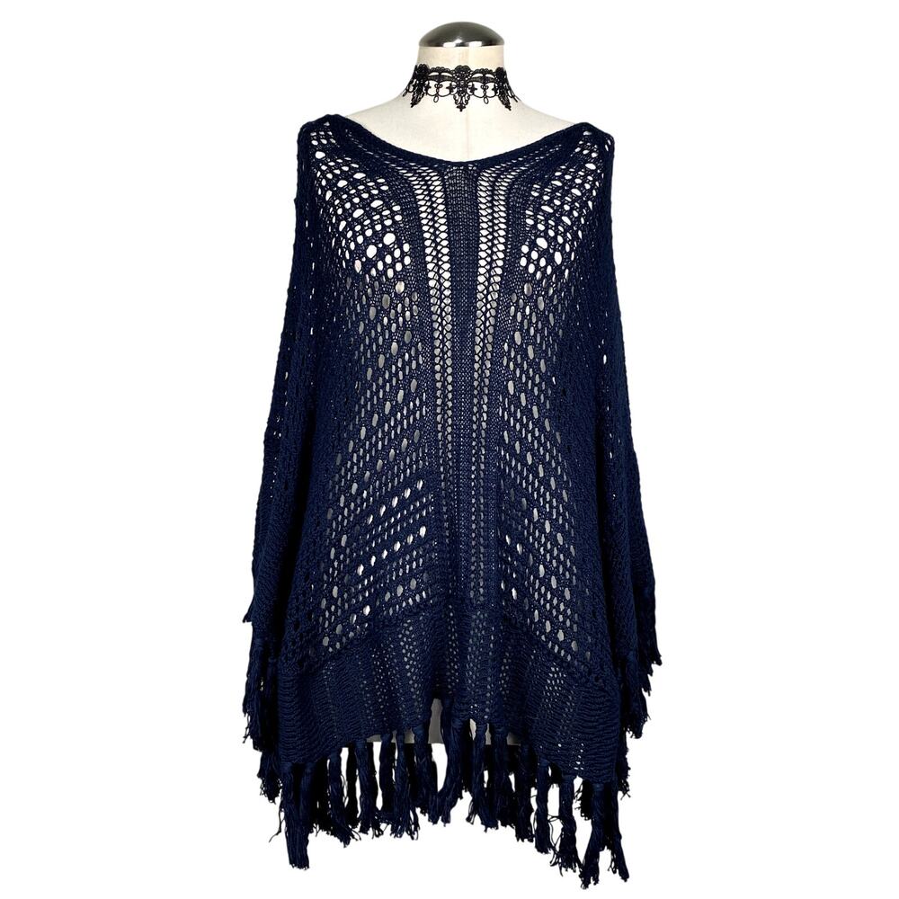 Tyler Boe Cotton Loose Knit Tassle Whimsigoth Poncho Shrug Goth Boho Gypsy M/L